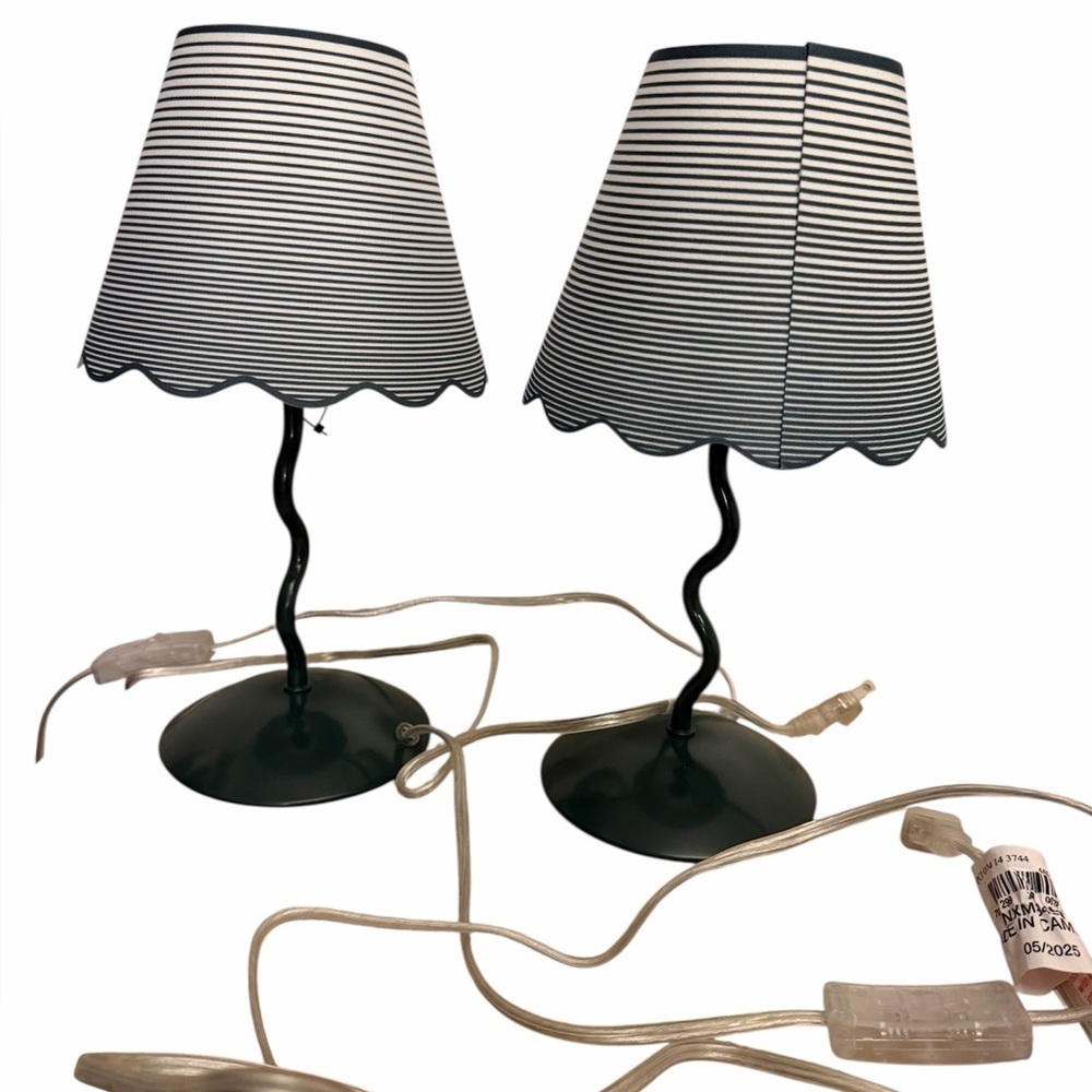 Striped Green & White Table Lamp Pair - Modern Home Accent